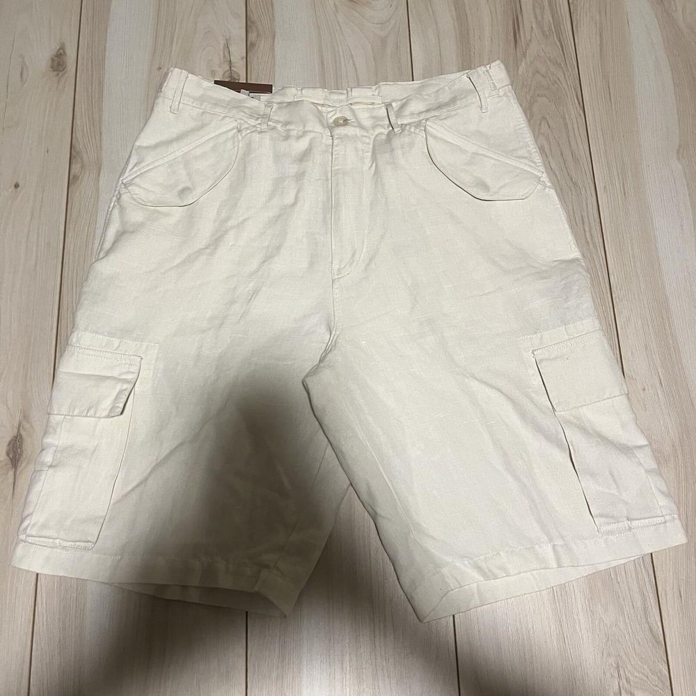 J.PETERMAN Linen Blend Cargo Shorts White Snap Pocket Mens Size 34W 11 In Inseam